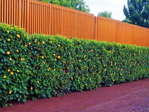 Heckenschnitt Grüne Hecke mit gelben Blüten vor einem Holzzaun.