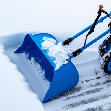 Winterdienst Kiel Blauer Schneeschaufel im Schnee, bereit zum Schneeräumen.